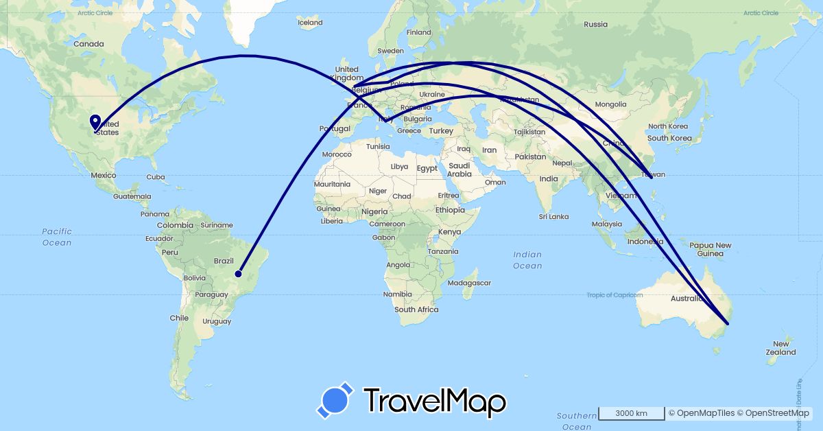 TravelMap itinerary: driving in Australia, Brazil, Germany, France, United Kingdom, Italy, Taiwan, United States (Asia, Europe, North America, Oceania, South America)